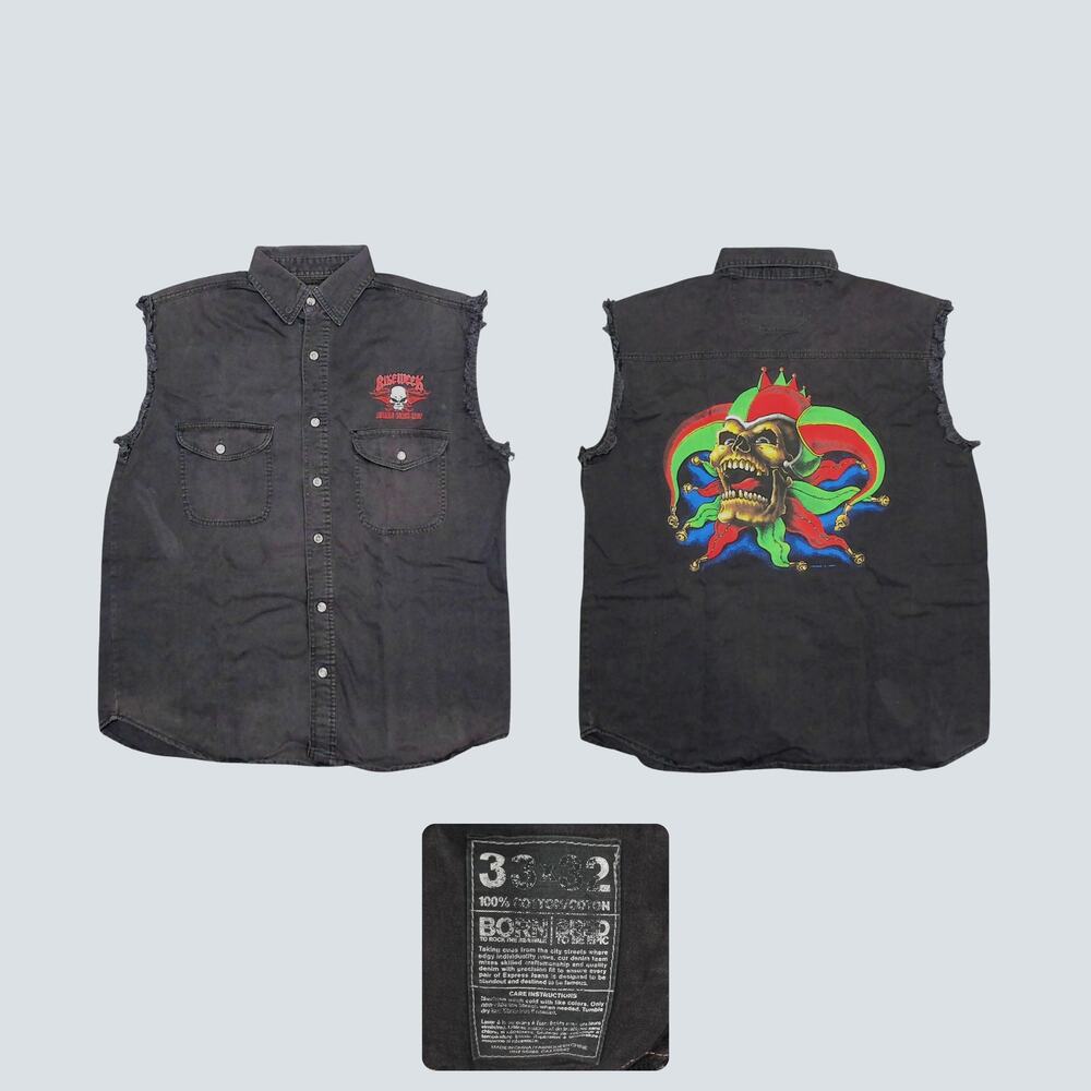 Y2K Myrtle Beach 2007 Jester Skull Sleeveless Biker Grunge Button Up Shirt XL